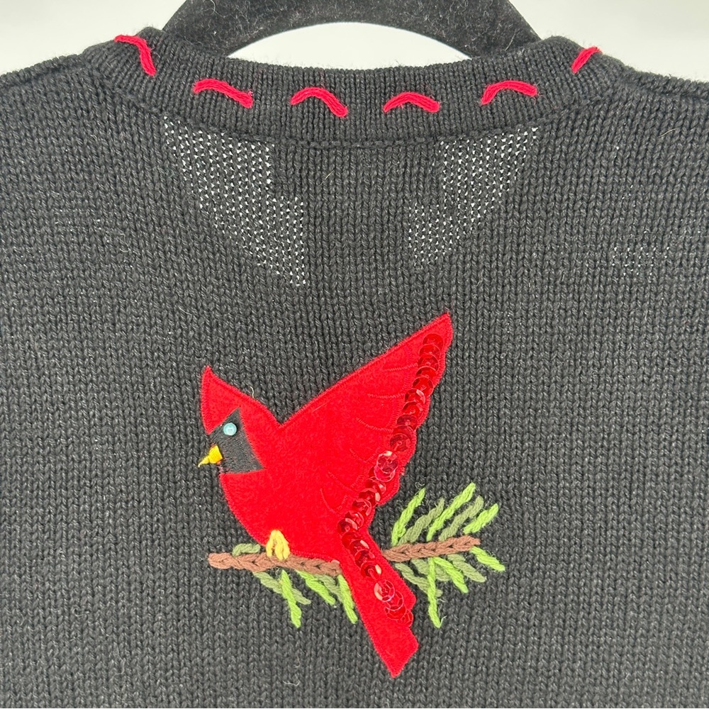 Small Black and Red Cardinal Cardigan Sweater Ugly Christmas Embroidered - Picture 7 of 7